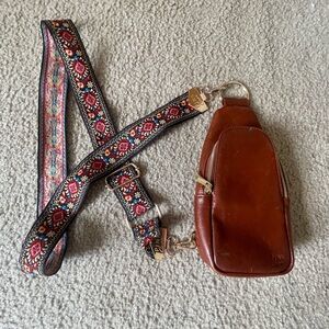 Pink Cove Brown Vegan Leather Crossbody Bag with Floral Strap